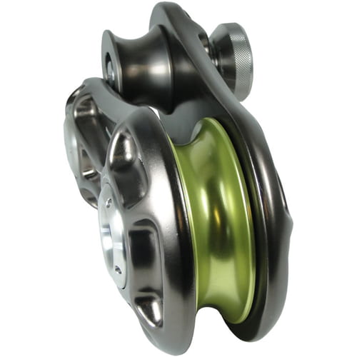 Impact Block L, bloc en métal gris avec roue verte, vue latérale