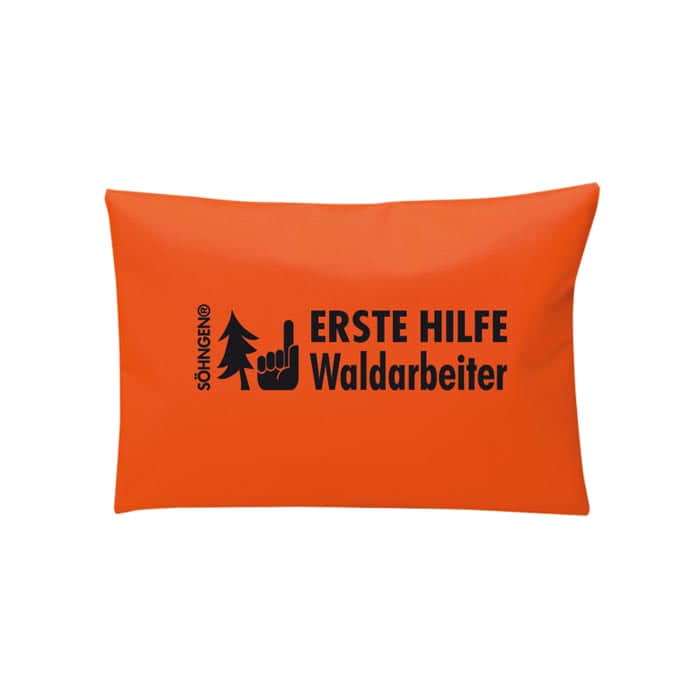 Trousse de premiers secours pour les forêts et les arbres, sac rectangulaire orange avec imprimé noir « SÖHNGEN FIRST AID Forest Worker » et symboles d’un arbre et d’une main