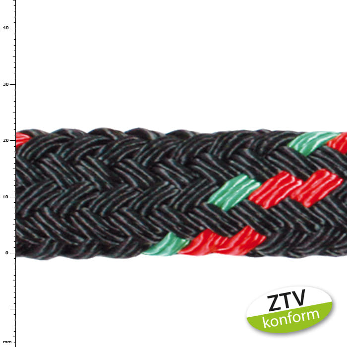 Corde ArboLine 2 t avec tressage noir et accents rouges et verts et autocollant conforme ZTV