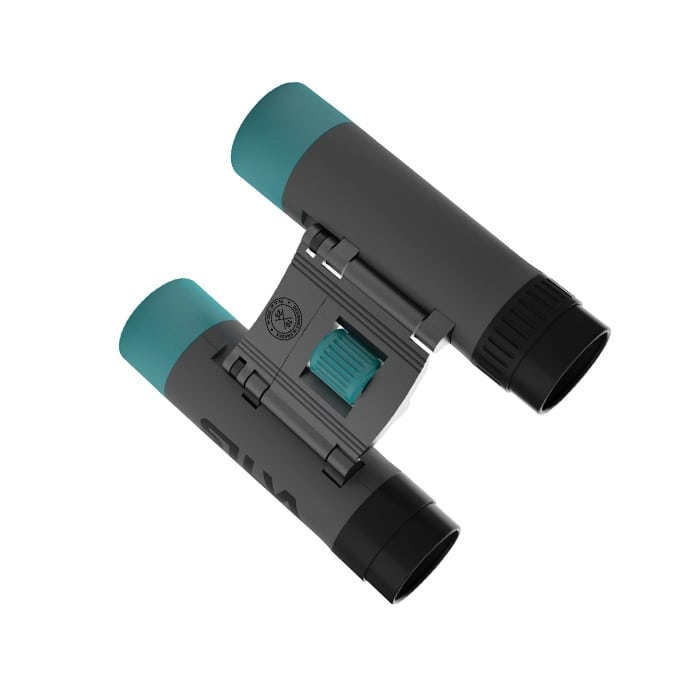 Jumelles de poche 10X en noir avec extrémités turquoise et mise au point centrale