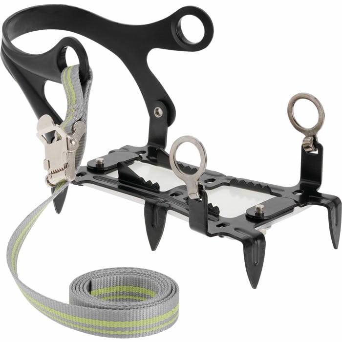 Grödel 6 points, crampon en métal noir avec six griffes et sangle réfléchissante grise avec fermoir en métal
