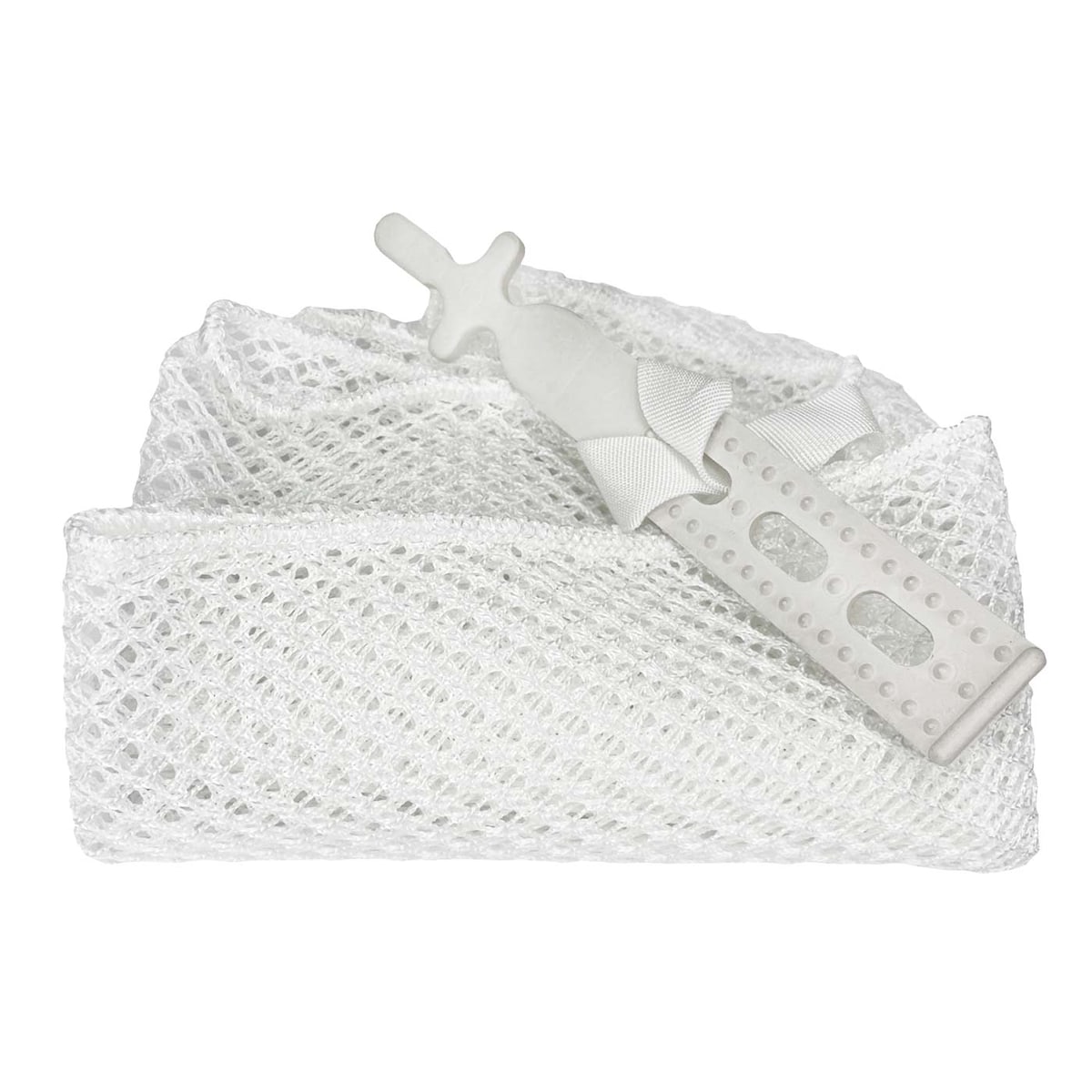 Filet de lavage en tissu maillé blanc avec fermeture en plastique blanc