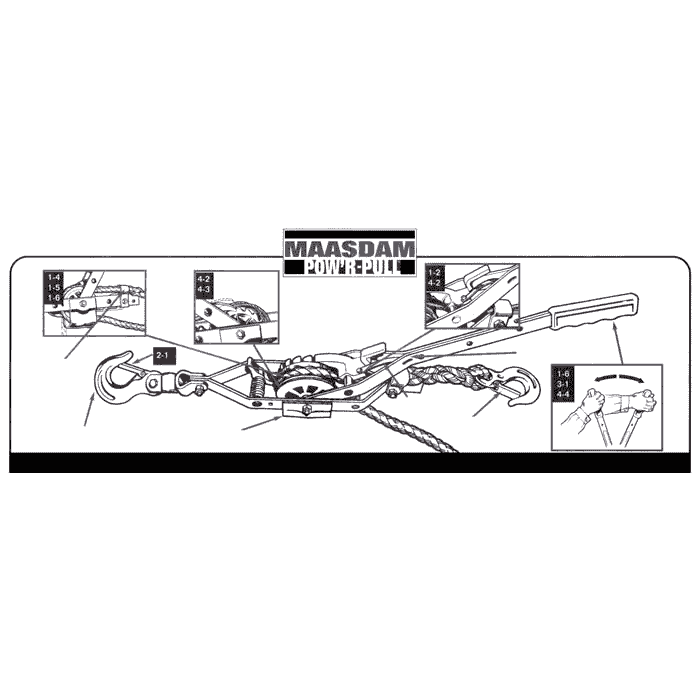 Dessin technique en noir et blanc d’un tire-corde avec l’inscription « MAASDAM POWER PULL » et plusieurs vues détaillées des crochets, leviers et extrémités de corde