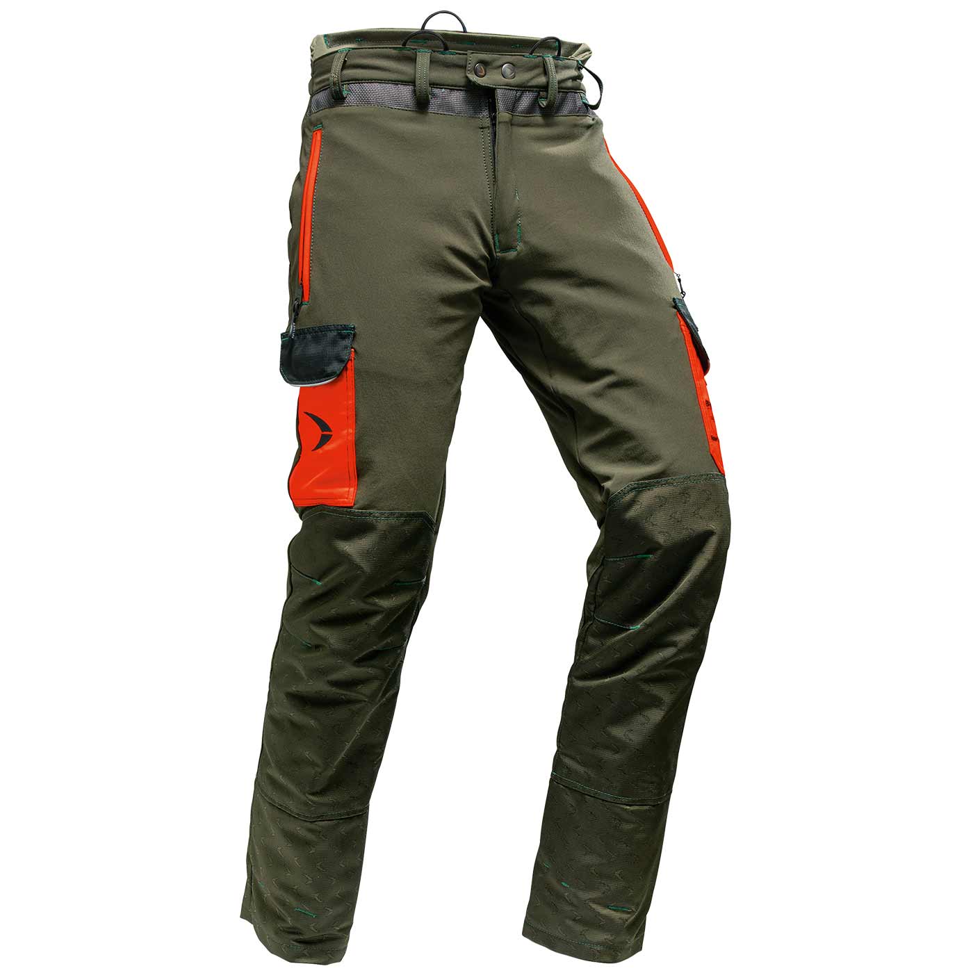 Pantalon de travail Arborist Slim Fit en vert olive avec poches orange et genoux renforcés, vue de face