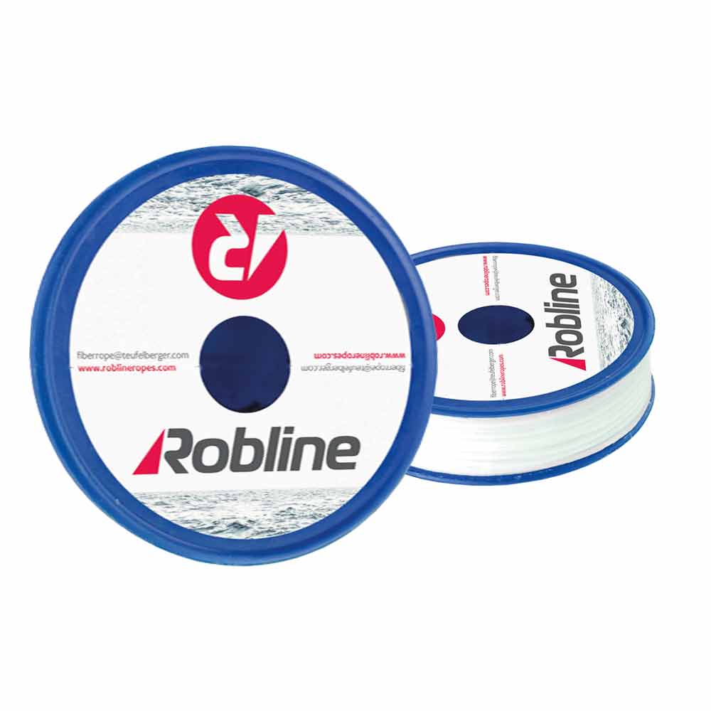 Fil de gréement Dyneema de Robline, deux bobines en plastique bleu avec du fil blanc, sur le devant le logo Robline et un 15 rouge sur fond blanc
