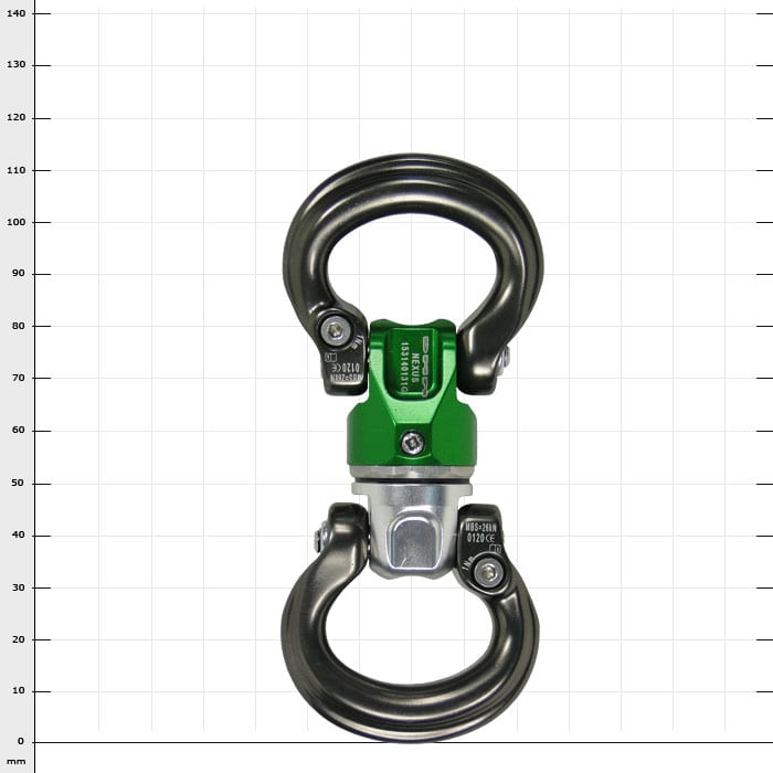 Mini-Swivel Nexus 3, pièce en métal vert avec deux grands œillets en métal noir, nom du produit visible
