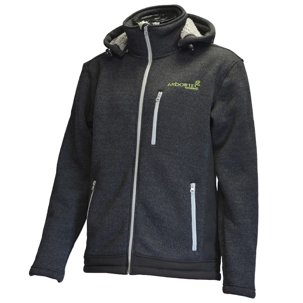 Blouson Yeti gris foncé d’Arbortech avec fermetures éclair sur le devant et une capuche, logo Arbortech vert sur le devant droit