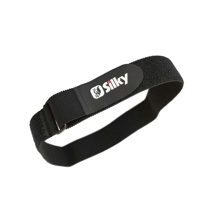 Bretelles de jambe soyeuses noires avec logo Silky sur une étiquette rectangulaire en tissu