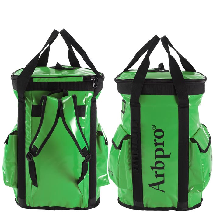 Sac à dos seau 75 d’Arbpro en vert avec finitions noires, deux bretelles, poignées supérieures et deux poches extérieures