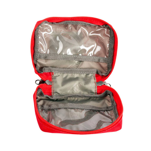 Trousse de premiers secours Tatonka First Aid XS rouge ouverte avec poches intérieures transparentes et grises