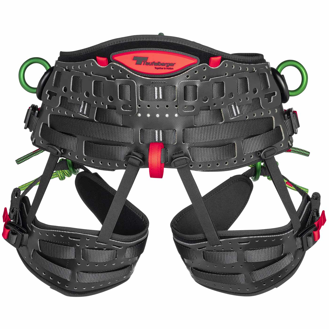 treeMOTION Essential X Harnais d’accrobranche de Teufelberger en noir avec détails rouges et anneaux métalliques verts, vue arrière