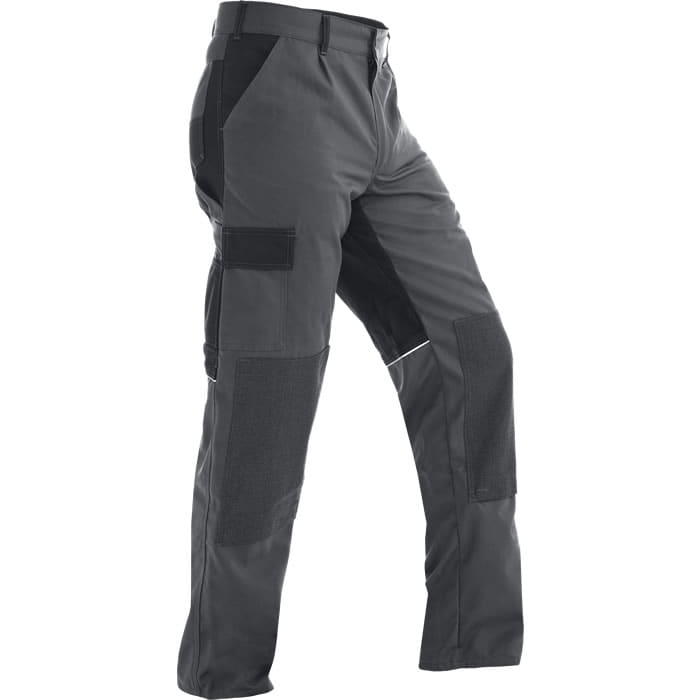 Pantalon en toile StretchZone gris avec renforts noirs, poche cargo sur le côté et fermeture éclair sur le devant