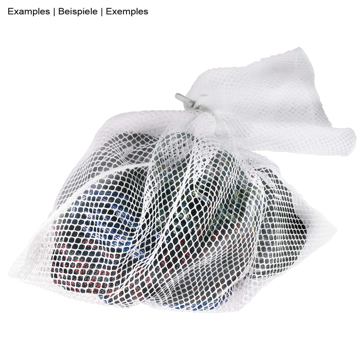Filet de lavage en maille blanche avec cordon de serrage, rempli de vêtements colorés