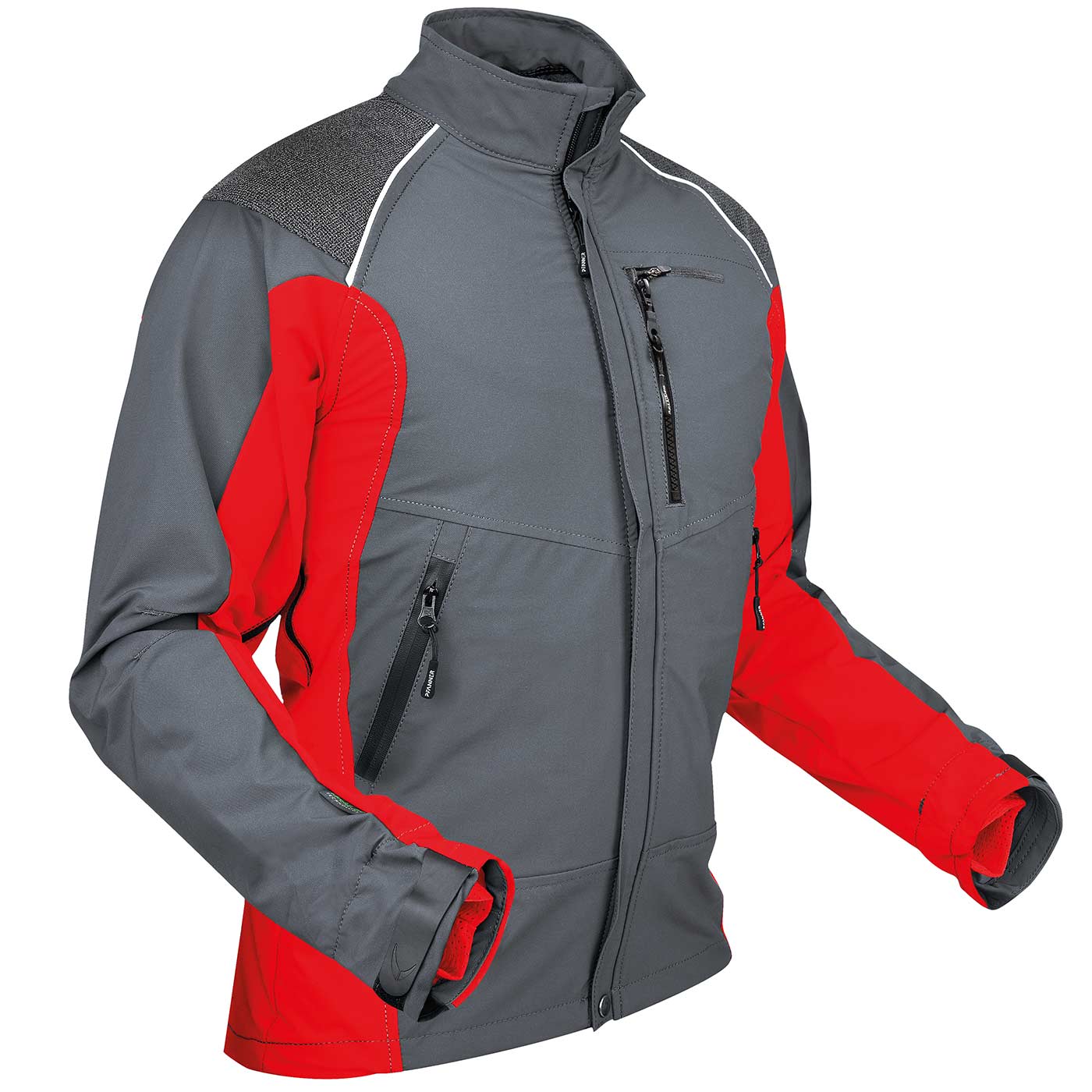 Veste de ventilation grise et rouge avec poches zippées et col montant