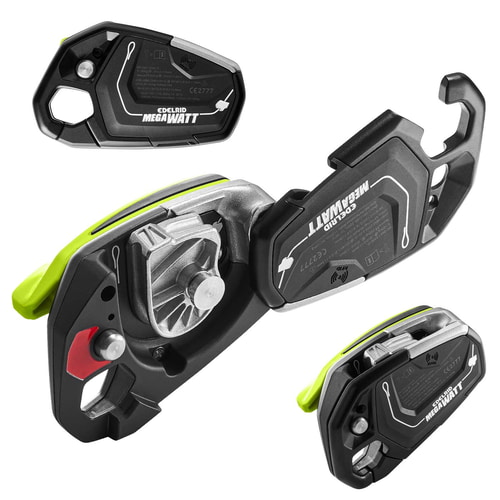 Trois vues du dispositif à fusibles Edelrid Megawatt, dont une ouverte, avec mécanisme interne visible et lettrage du produit sur un boîtier noir et vert fluo