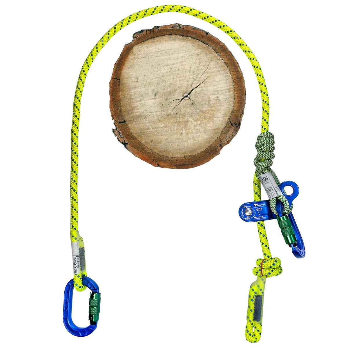 Corde miniGLIDE avec mousqueton bleu et poulie bleue, corde jaune avec détails verts, disque en bois en arrière-plan