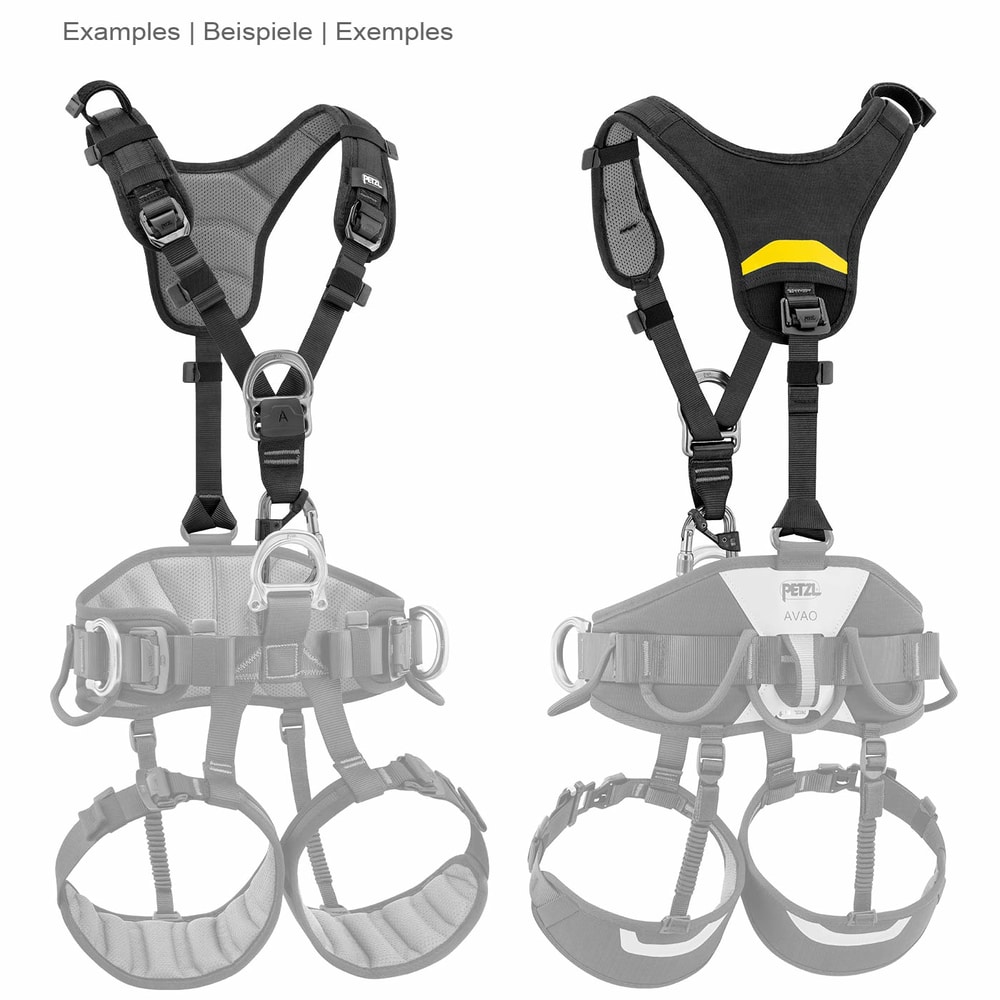 Top by Petzl, deux vues de la bandoulière noire avec dossier rembourré gris et jaune, en arrière-plan montré en gris un harnais d’escalade complet avec sangles de jambe et de hanche