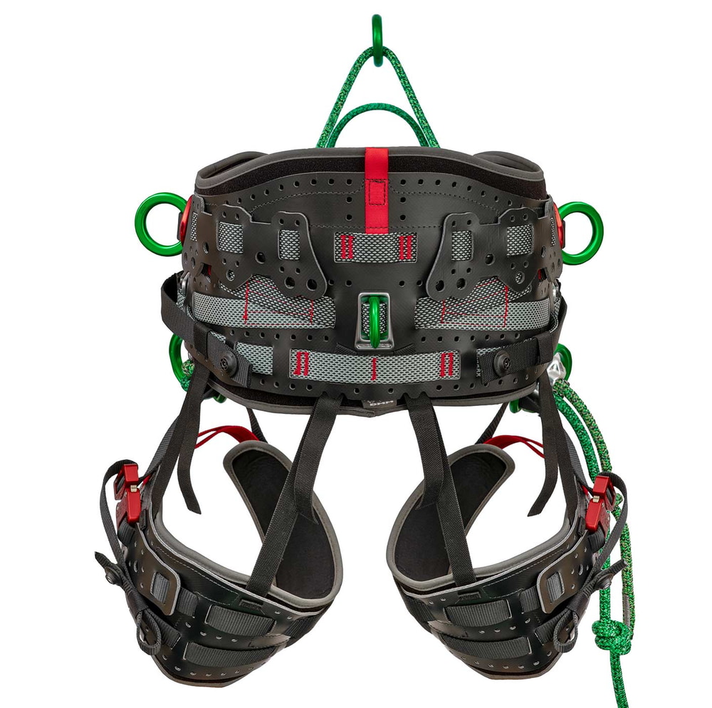 Ceinture de sécurité Kinisi Max vue arrière avec coussinets noirs et gris, anneaux métalliques verts et détails rouges