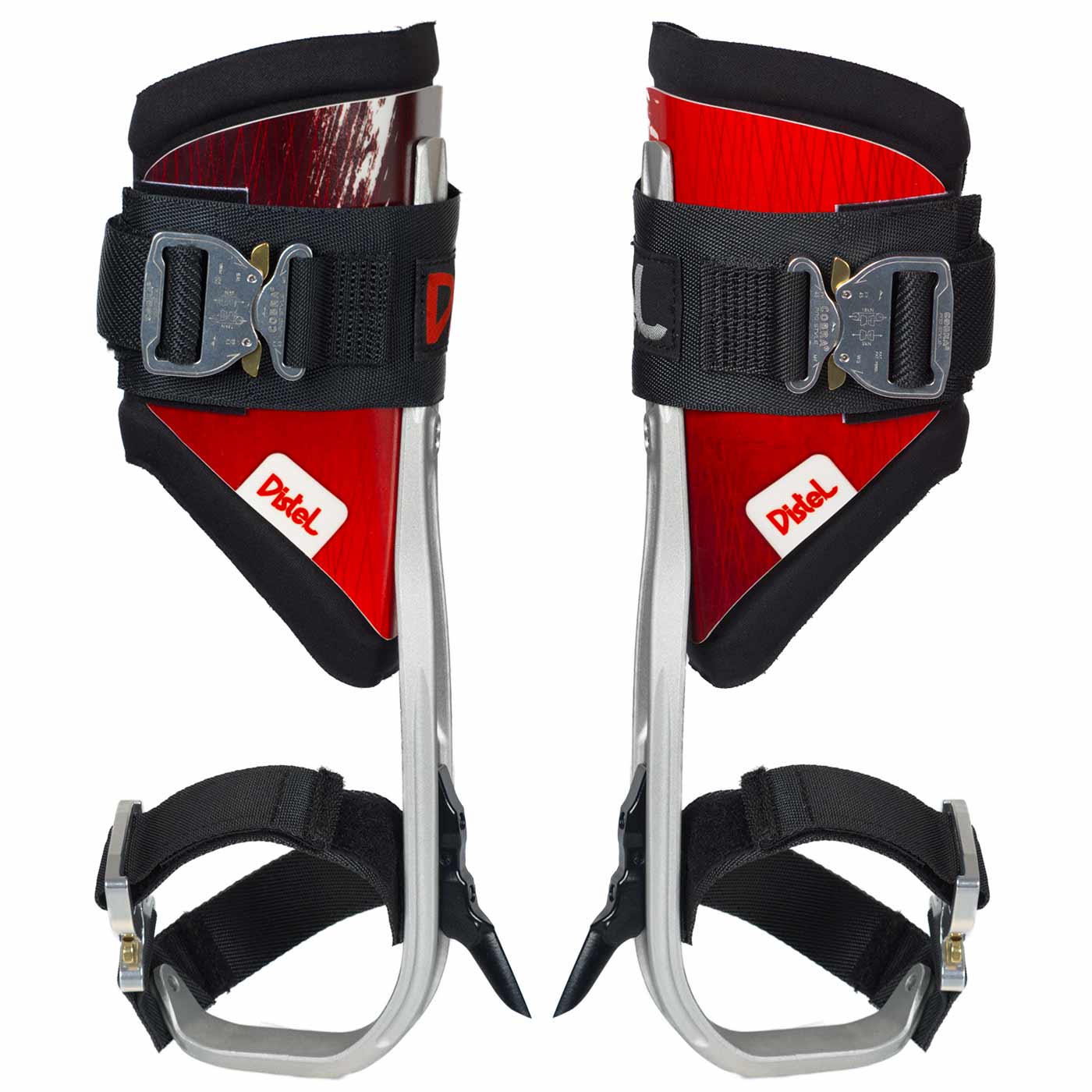 Distel Alu 3.1 Click de Distel, deux outils en aluminium rouge avec rembourrage noir et sangles noires avec boucles métalliques, vue arrière