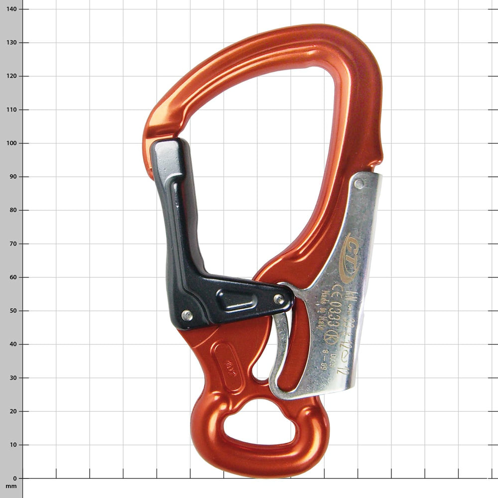 Mousqueton Ferrata DSG orange avec fermoir de sécurité noir et pièce en métal argenté avec gravure