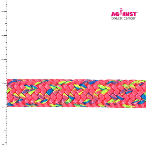 Corde Squir Pink Dragon en rose avec des accents colorés et une échelle avec des indications millimétriques, avec l’inscription « Contre le cancer du sein » dans le coin supérieur droit