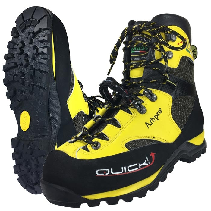 Quickstep Boot EZloop d’Arbpro, chaussure de montagne jaune et noire avec semelle crantée et lacets