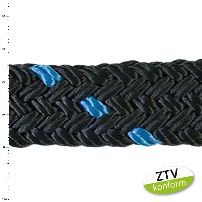 arbre save 8 t corde bleue avec tressage noir et balisage bleu, avec autocollant vert et blanc « ZTV conformant »
