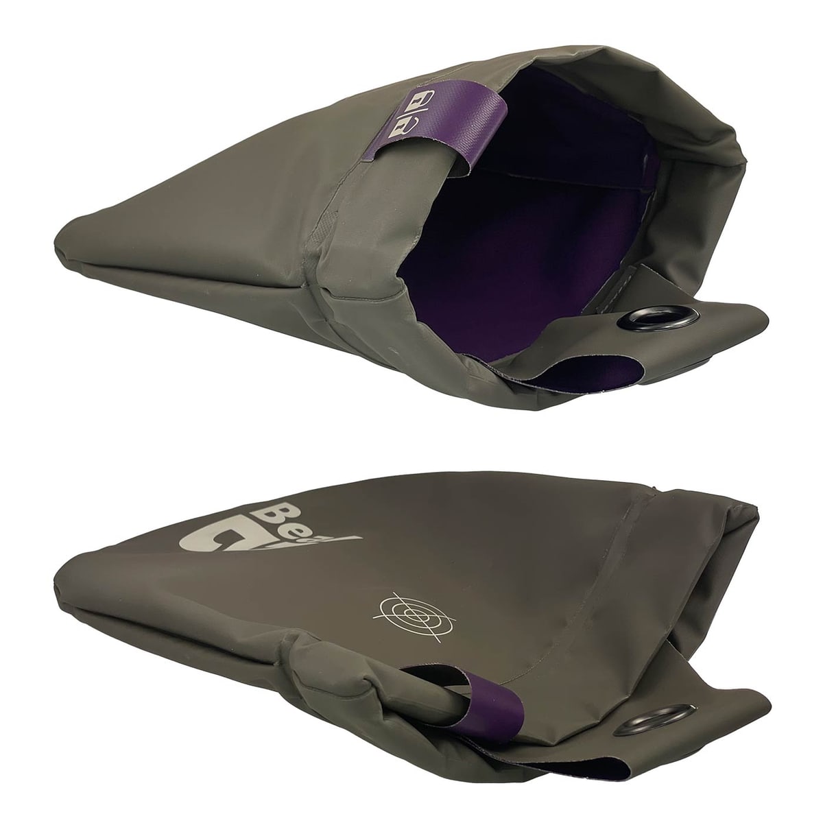 Sac Beal Genius 2 gris ouvert par le haut, violet à l’intérieur, avec sangle de fermeture violette et logo blanc sur le devant, avec motif cible