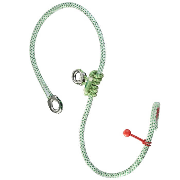 Corde verte et blanche avec œillets métalliques aux deux extrémités, un nœud et un morceau de plastique rouge à l’extrémité, nom du produit fimblSAVER
