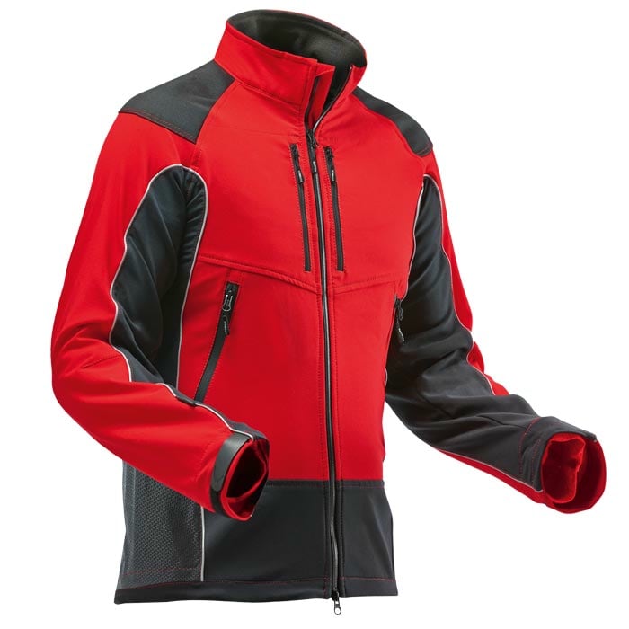 Veste d’arboriculture en rouge et noir, vue de face avec fermetures éclair et col montant