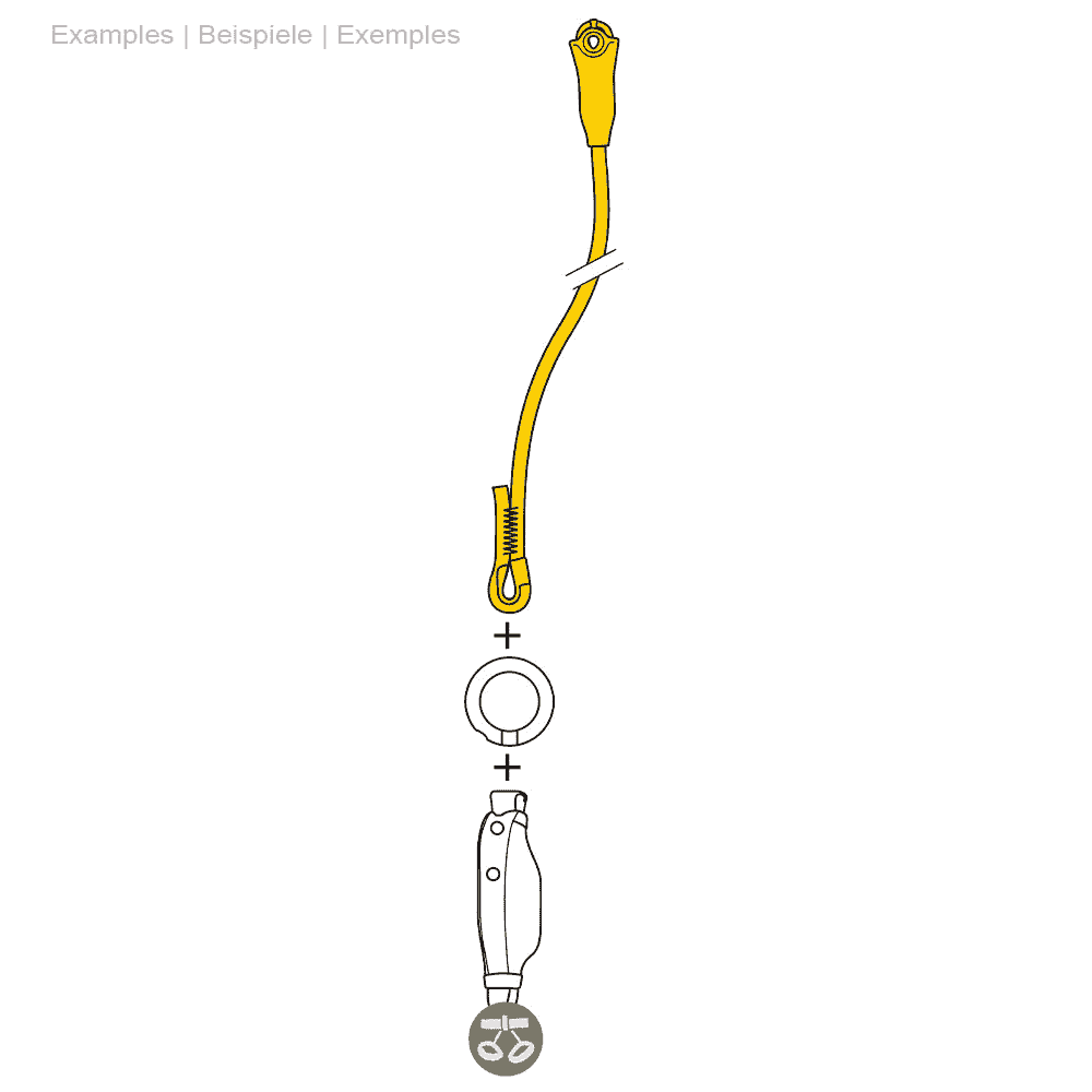 Dessin d’un appareil d’assurage jaune avec une corde, un anneau et une autre partie en dessous, inscription en anglais, allemand et français Jane-I
