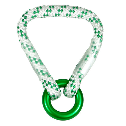 Corde tressée blanc-vert equaLIZA avec anneau métallique vert plus petit, nom du fabricant visible sur l’étiquette