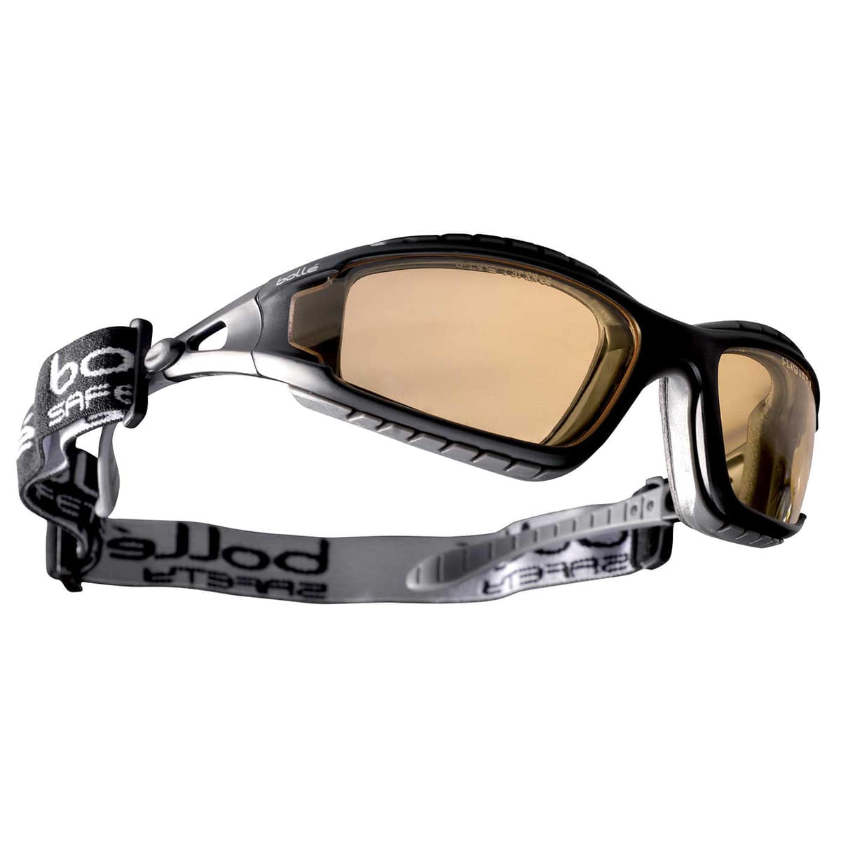 Tracker II de Bollé, lunettes de sécurité noires avec verres teintés marron et élastique réglable noir et blanc avec imprimé bollé, vue latérale