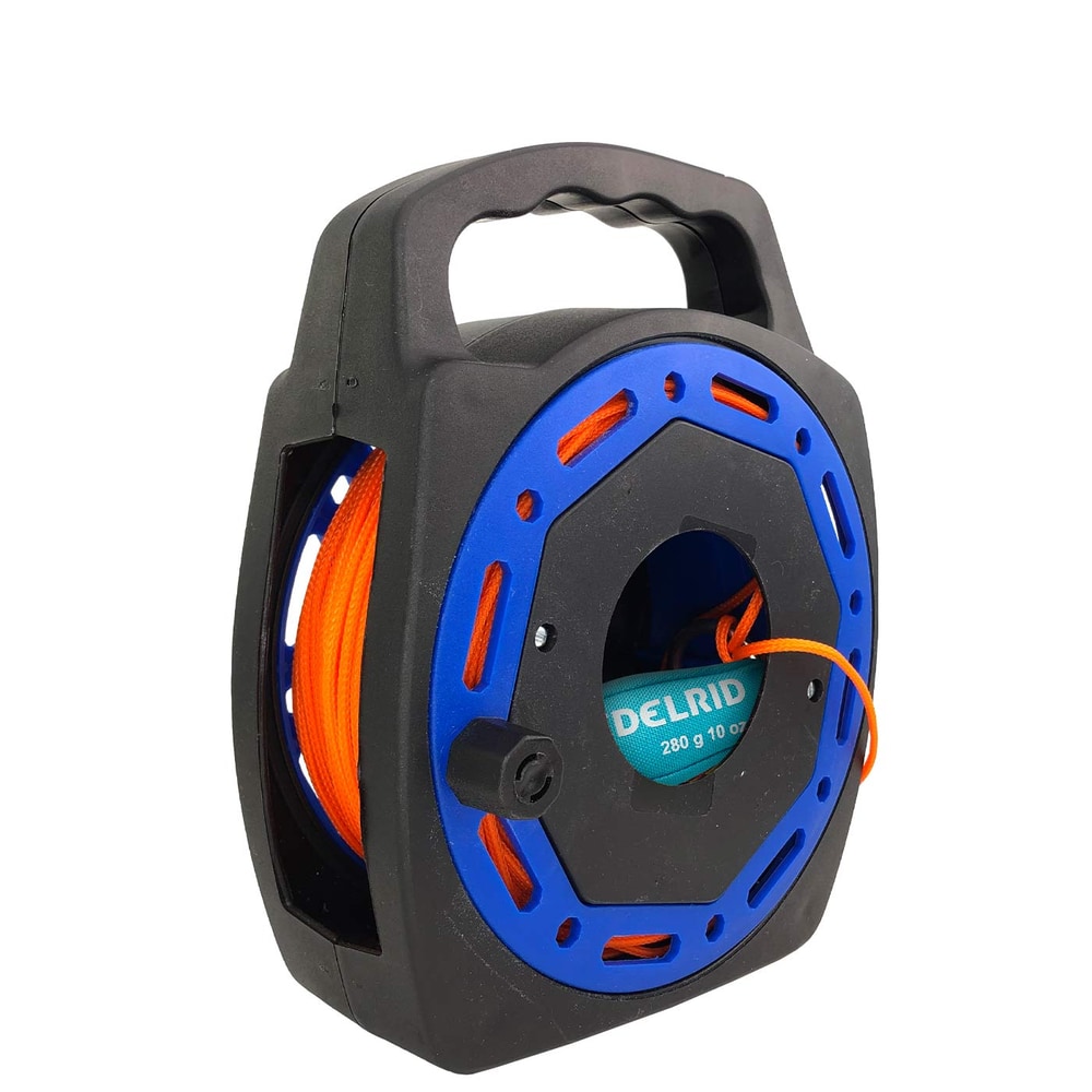 Braguette enrouleuse, bobine noire et bleue avec cordon orange et poignée noire, nom du fabricant non visible