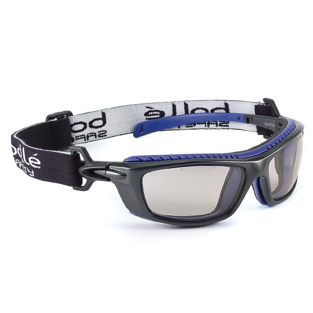 Lunettes de sécurité Bollé Baxter avec verres teintés et noir, monture bleue et bandeau noir avec lettrage blanc, vue de l’autre côté