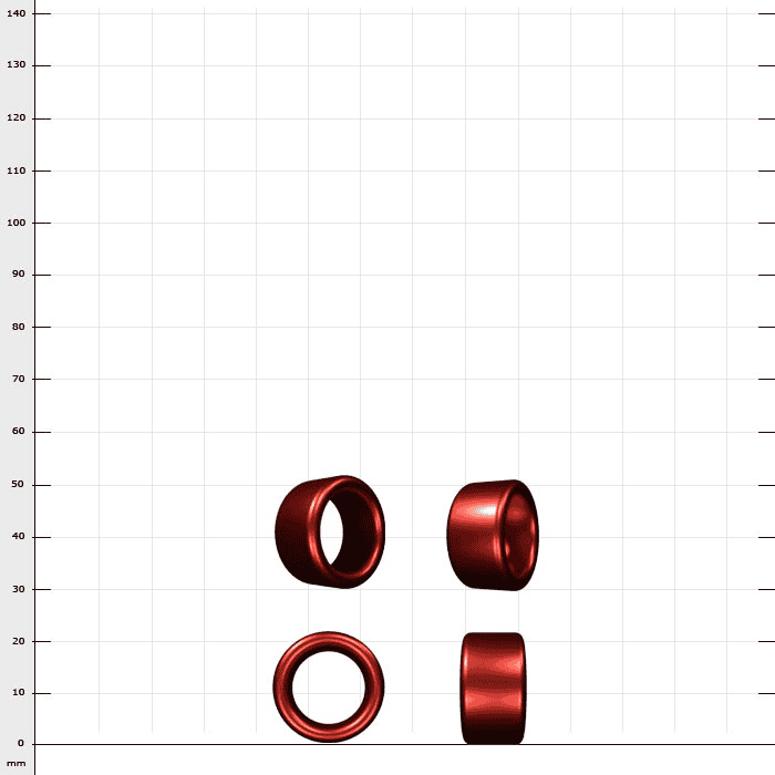 TurnBase DistanceTube, quatre anneaux cylindriques rouges de différentes perspectives sur fond blanc avec échelle millimétrique