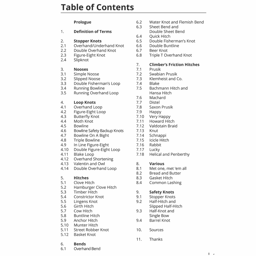 Table des matières en noir et blanc du Tree Climber’s Knotbook avec des chapitres et des sous-chapitres sur différents types de nœuds et techniques