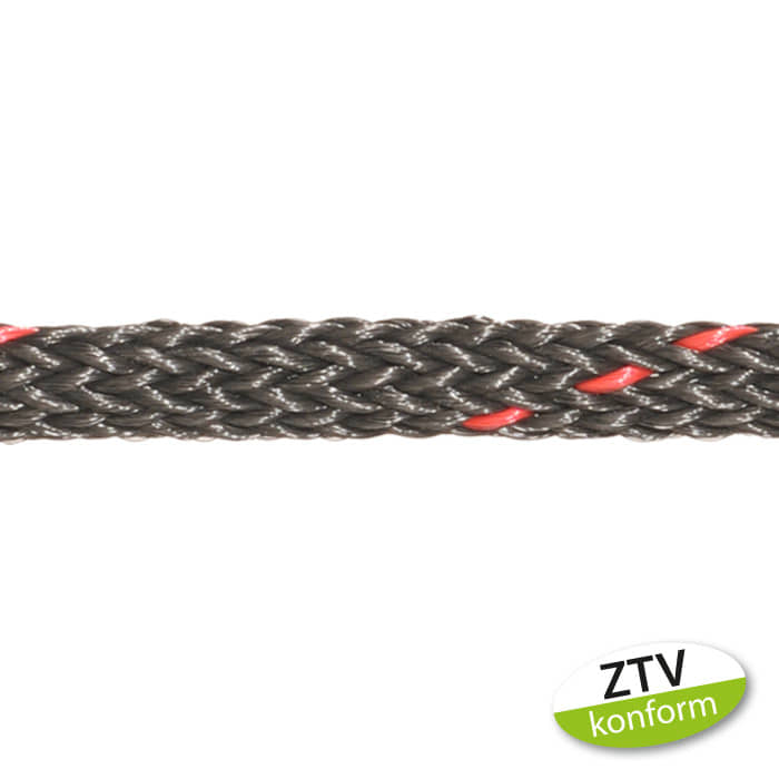 Corde creuse boa 4 t 50 m, gros plan d’une corde tressée noire avec des fils rouges, en bas à droite une étiquette verte et blanche avec l’inscription « ZTV conformant »