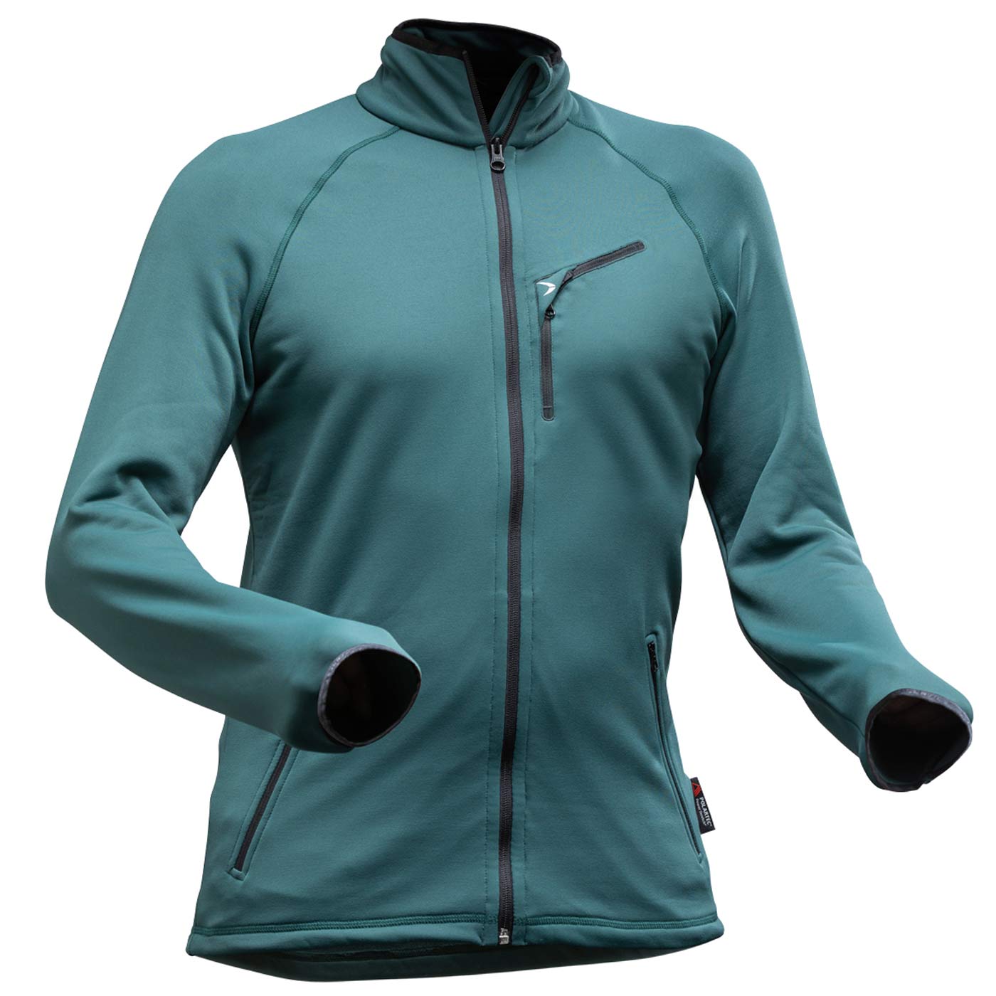 Veste Polartec verte avec fermeture éclair et trois poches, au centre du devant et sur les deux côtés