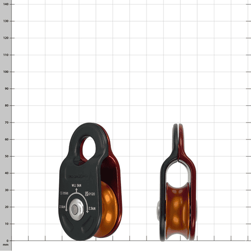 Poulie de propulsion avec boîtier rouge et noir et rouleau orange, nom du fabricant non visible, vue de face et latérale