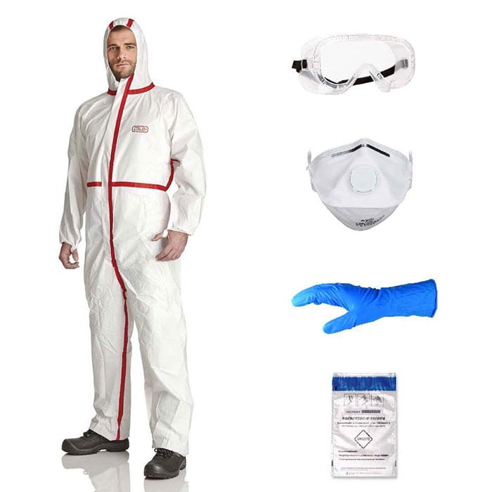 Combinaison de protection EPS Guard avec fermeture éclair et capuche rouges, lunettes, masque respiratoire, gant bleu et emballage