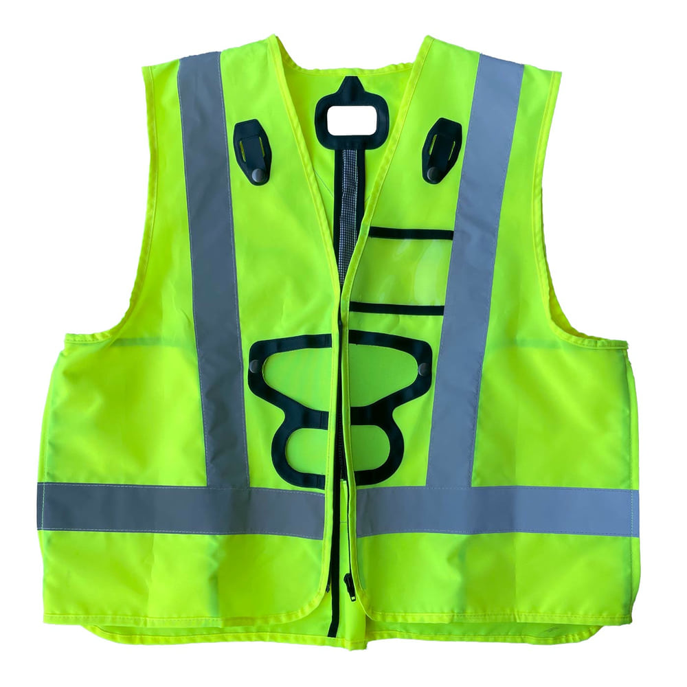 Gilet de sécurité Newton Vest HI-VIZ en jaune vif avec bandes réfléchissantes grises et plusieurs supports et poches noirs