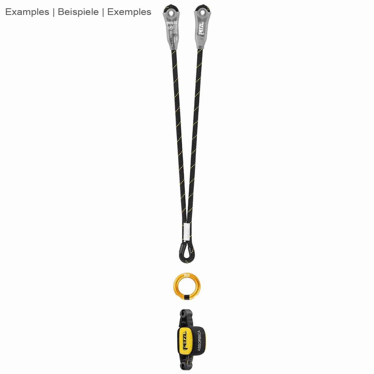 Exemple d’illustration avec deux boucles noires et jaunes, une bague dorée et un Absorbica de Petzl en jaune et noir avec lettres blanches