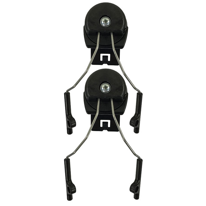 Adaptateur de casque ECC, deux supports ronds noirs avec supports métalliques et extrémités en plastique, sur fond blanc.
