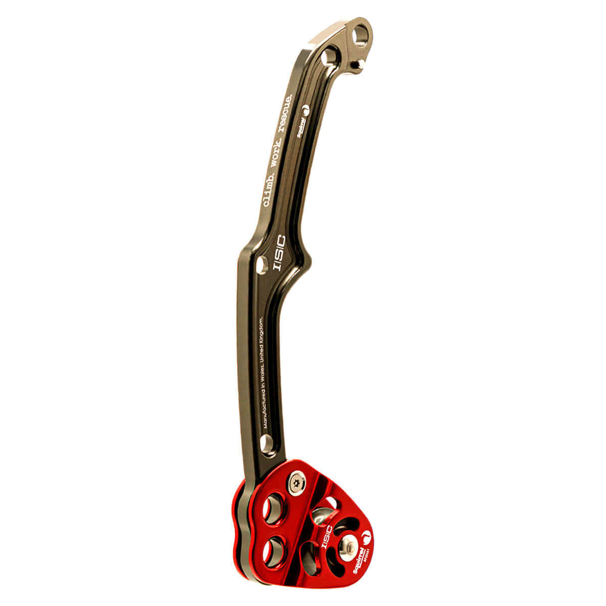 Squirrel Tether, dispositif d’escalade avec bras en métal incurvé noir et bloc en aluminium rouge avec plusieurs trous et vis