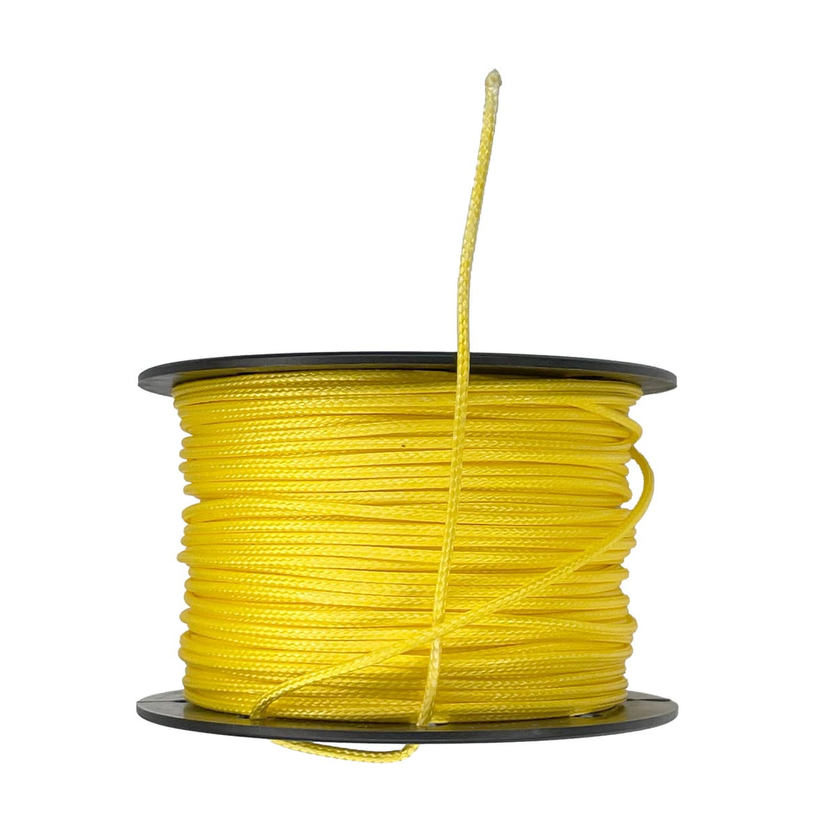 Ligne supérieure Fusion ligne jaune sur bobine noire sur le côté avec extrémité de ligne libre visible