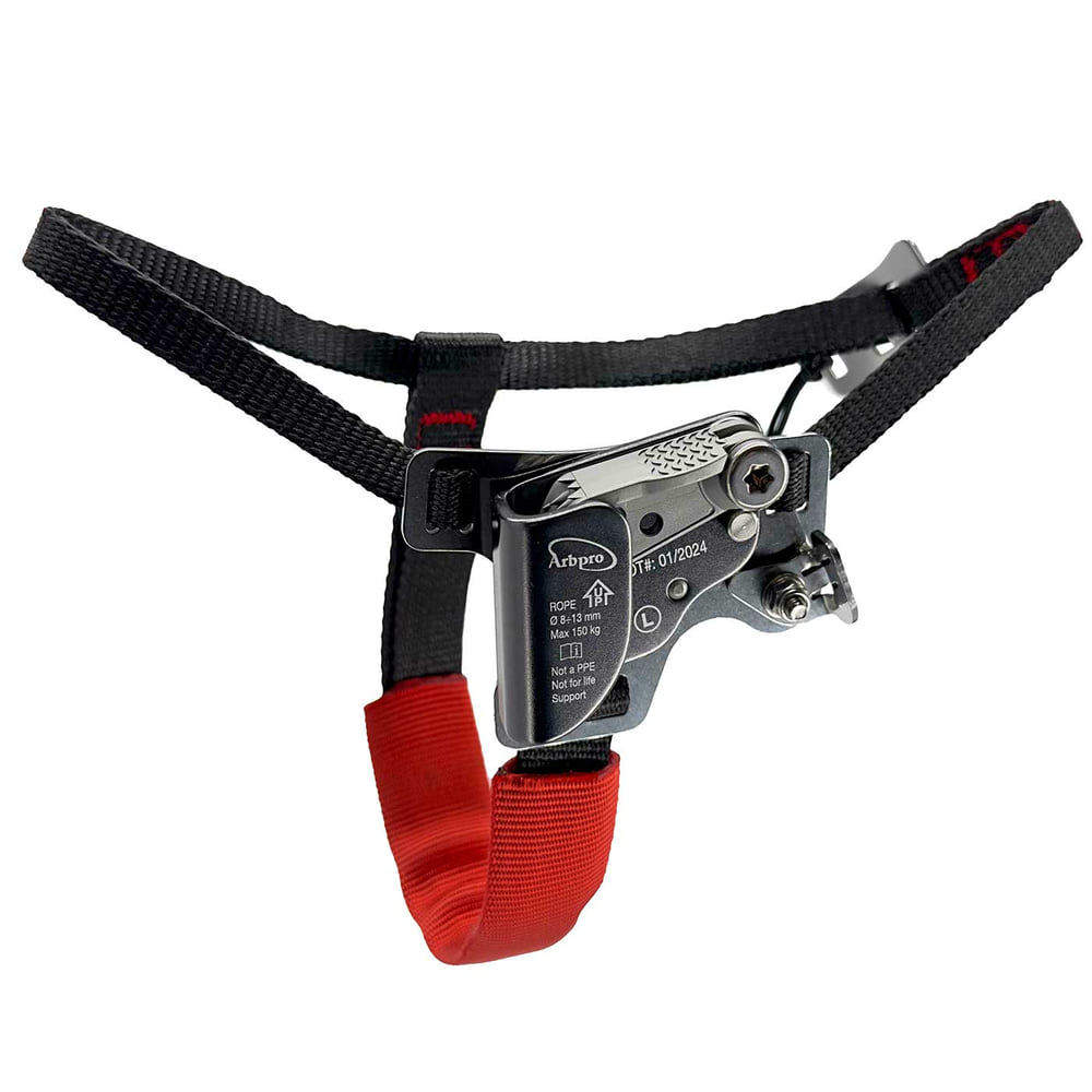 Gemini Foot Left, une via ferrata avec des sangles noires et rouges et un mécanisme en métal sur lequel sont imprimés « Arbpro » et les spécifications techniques.