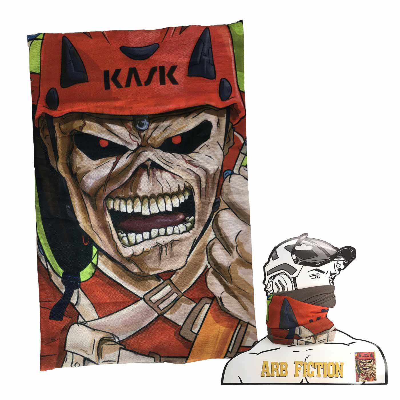 Eddie avec casque rouge et expression agressive, logo KASK visible