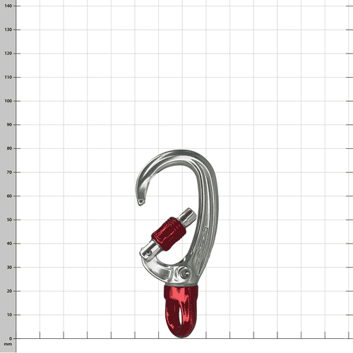 XSRE Swivel Lock mousqueton en argent avec verrou tournant rouge et émerillon rouge ouvert, sur un fond à carreaux