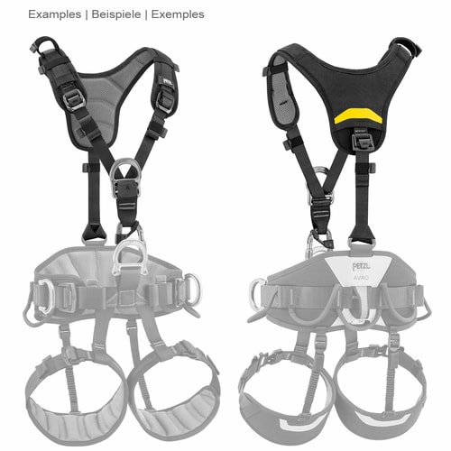 Top by Petzl, deux vues de la bandoulière noire avec dossier rembourré gris et jaune, en arrière-plan montré en gris un harnais d’escalade complet avec sangles de jambe et de hanche